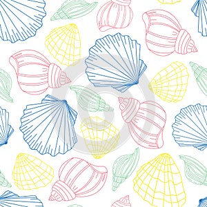 Seamless pattern of hand drawn sea shells, oysters, conches. Marine outline illustration of multicolored shells