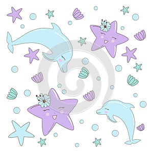Seamless Pattern with Hand drawn with sea star, flowers and shells in pastel colors. Cute Illustration for baby showers,