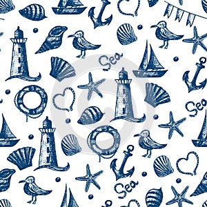 Seamless pattern hand drawn sea themed objects. Seagull,