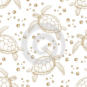 Seamless pattern with Hand drawn sea turtles. Vector with animal underwater. Illustration for wallpaper, web page background,