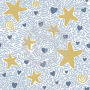 Seamless pattern with hand drawn sea waves in sketch style. Vector endless background in blue colors.