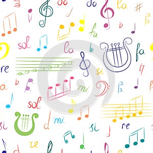 Seamless Pattern of Hand Drawn Set of Music Symbols. Colorful Doodle Treble Clef, Bass Clef, Notes and Lyre. Sketch Style.