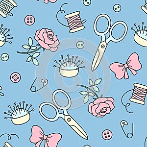 Seamless pattern with hand drawn sewing doodle. Fashion background in cute cartoon style. Needle bed, scissors, bows