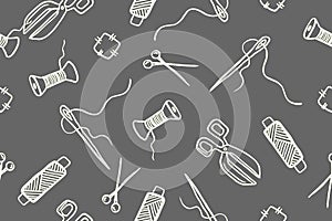 Seamless pattern with hand drawn sewing retro elements. Vector illustration hand drawn sewing tools