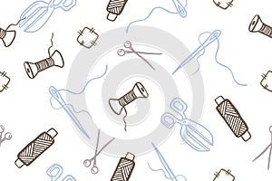 Seamless pattern with hand drawn sewing retro elements. Vector illustration hand drawn sewing tools