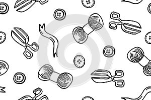 Seamless pattern with hand drawn sewing retro elements. Vector illustration hand drawn sewing tools