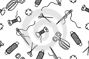 Seamless pattern with hand drawn sewing retro elements. Vector illustration hand drawn sewing tools