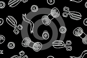 Seamless pattern with hand drawn sewing retro elements. Vector illustration hand drawn sewing tools