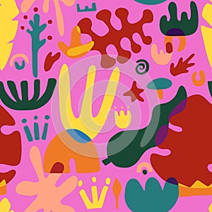 Seamless pattern hand drawn shapes. Different doodle elements and objects. Abstract colorful various leaves, flowers