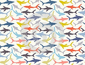 Seamless pattern of hand-drawn sharks silhouettes