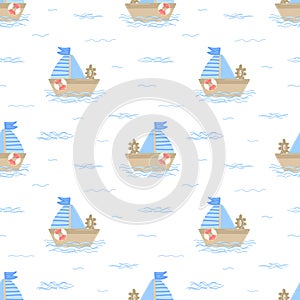 Seamless pattern of hand-drawn ship with sea waves. Vector image on the marine theme for a boy sailor. Illustration for holiday, b