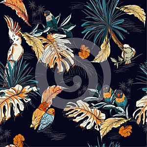 Seamless pattern hand drawn sketch tropical  with exotic parrot birds in vector Design for fashion ,fabic,web,wallpaper,and all