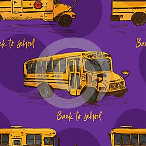 Seamless pattern with hand-drawn sketch yellow bus, isolated background Back to school theme, education concept color