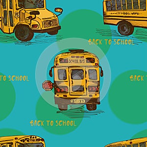 Seamless pattern with hand-drawn sketch yellow bus, isolated background Back to school theme, education concept color