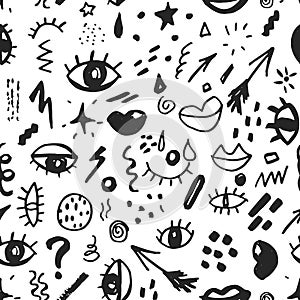 Seamless pattern with hand drawn sketched doodle elements eyes and lips, abstract background. Typography design print, vector illu