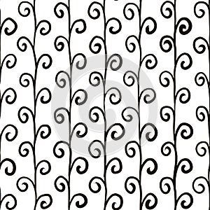 Seamless pattern of hand-drawn spirals on lines. Black swirls connected to stripes grows up like plants isolated on