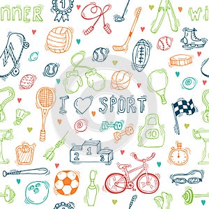 Seamless pattern with hand drawn sport equipment. I love sport