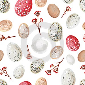 Seamless pattern with hand-drawn spotted avian eggs and branches with berries