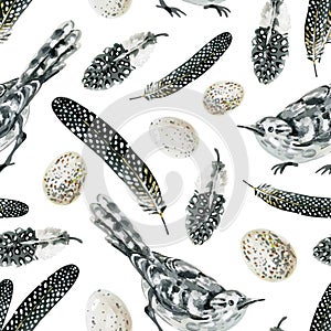 Seamless pattern with hand-drawn spotted feathers, birds and eggs