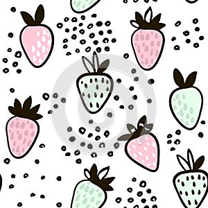 Seamless pattern with hand drawn strawberry. Cute minimalistic childish background. Vector Illustration