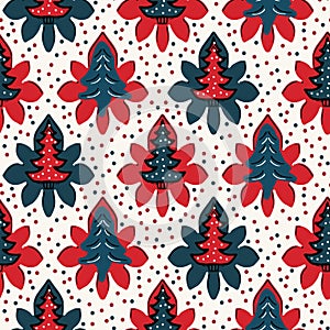 Seamless pattern. Hand drawn stylized Christmas tree floral. Poinsettia flower dot background. Traditional winter holiday all over