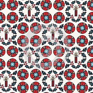 Seamless pattern.Hand drawn stylized Christmas wreath candle. Festive holly flower background. Traditional winter holiday all over