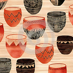 Seamless pattern with hand drawn terracotta vases