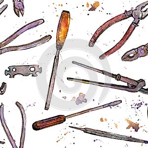 Seamless pattern with hand drawn tool kit