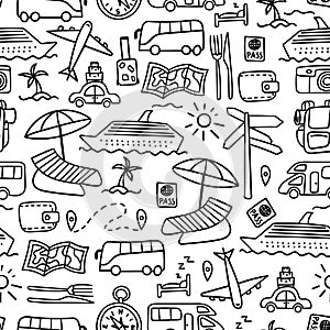 Seamless pattern with hand drawn travel doodles