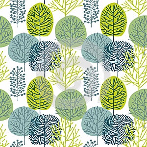 Seamless pattern with hand drawn trees on white background