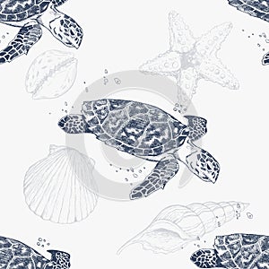Seamless pattern with hand-drawn turtles. Sea background. Vintage background