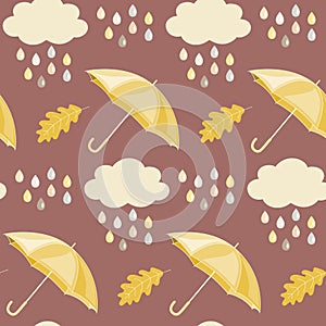 Seamless pattern with hand drawn umbrellas, clouds and raindrops