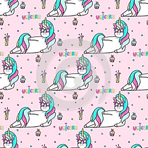 Seamless pattern with a hand drawn unicorn in a star-sunglasses, cocktail, cupcakes and lettering Unicorn