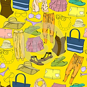 Seamless pattern with hand drawn Vacation clothes for women and girl. Pastel and natural summer color. Doodle background