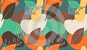 Seamless pattern of Hand drawn various shapes doodle objects, lines and plant leaf foliage background Colorful floral background