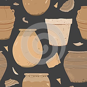 Seamless pattern of hand drawn vases, pots and potsherds. Clay pottery in pastel colors on dark background. Vector