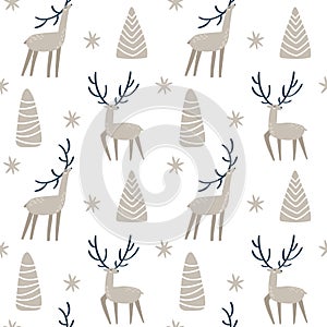 Seamless pattern of hand drawn Vector Christmas tree, snowflake and deer. Baby Winter forest scandinavian background