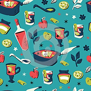 Seamless Pattern with Hand Drawn Vector Elements: Orange Slice, Glass of Mulled Wine, spices cinnamon and etc