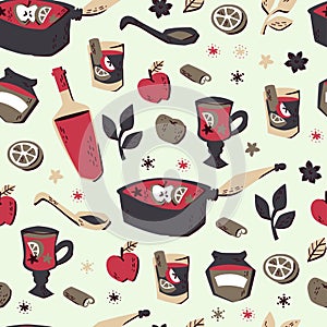 Seamless Pattern with Hand Drawn Vector Elements: Orange Slice, Glass of Mulled Wine, spices cinnamon and etc