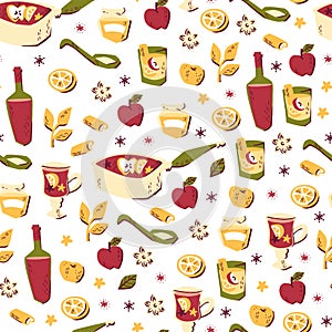 Seamless Pattern with Hand Drawn Vector Elements: Orange Slice, Glass of Mulled Wine, spices cinnamon and etc