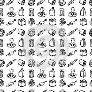 Seamless pattern Hand drawn vector illustration set of auto parts sign and symbol doodles elements. Isolated on white background