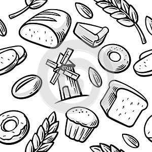 Seamless Pattern hand drawn vintage for bakery. Bread, grain, wheat, donut, cake mill and Cooking. Set Vector bakery symbols and i