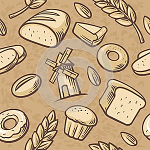 Seamless Pattern hand drawn vintage for bakery. Bread, grain, wheat, donut, cake mill and Cooking. Set Vector bakery symbols and i