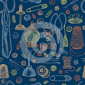 Seamless pattern with hand-drawn vintage sewing tools. Scissors, buttons, threads, needles, pins, spools, tailor meter