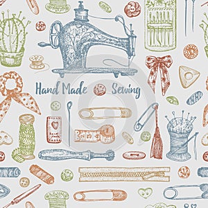 Seamless pattern with hand-drawn vintage sewing tools. Scissors, buttons, threads, needles, pins, spools, tailor meter