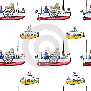 Seamless pattern. Hand drawn water transpor. kids toy steamship, submarine