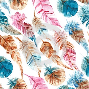 Seamless pattern of hand drawn watercolor feather