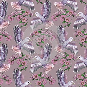 Seamless pattern with hand drawn watercolor purple birds and flowers.