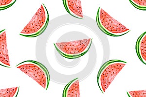 Seamless pattern from hand drawn watercolor slice of watermelon on white. Creative backdrop allover print for fabric