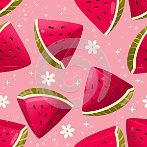 Seamless pattern with hand drawn watermelon slices on pink background. Fruit and floral design in bright colors.